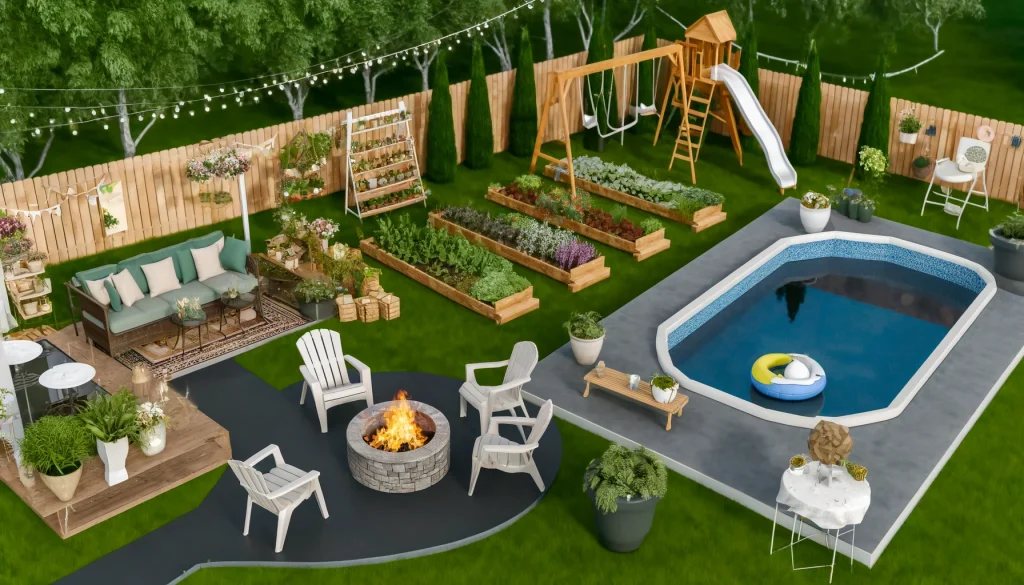 DIY Backyard Ideas: Fire Pits, Vegetable Gardens, Playgrounds, and More.